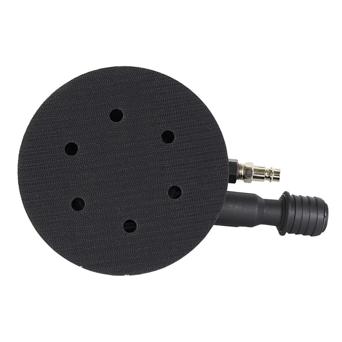 Unterseite: runder Klett-Schleifteller mit Absauglöchern, seitlicher Druckluftanschluss und Absaugstutzen.