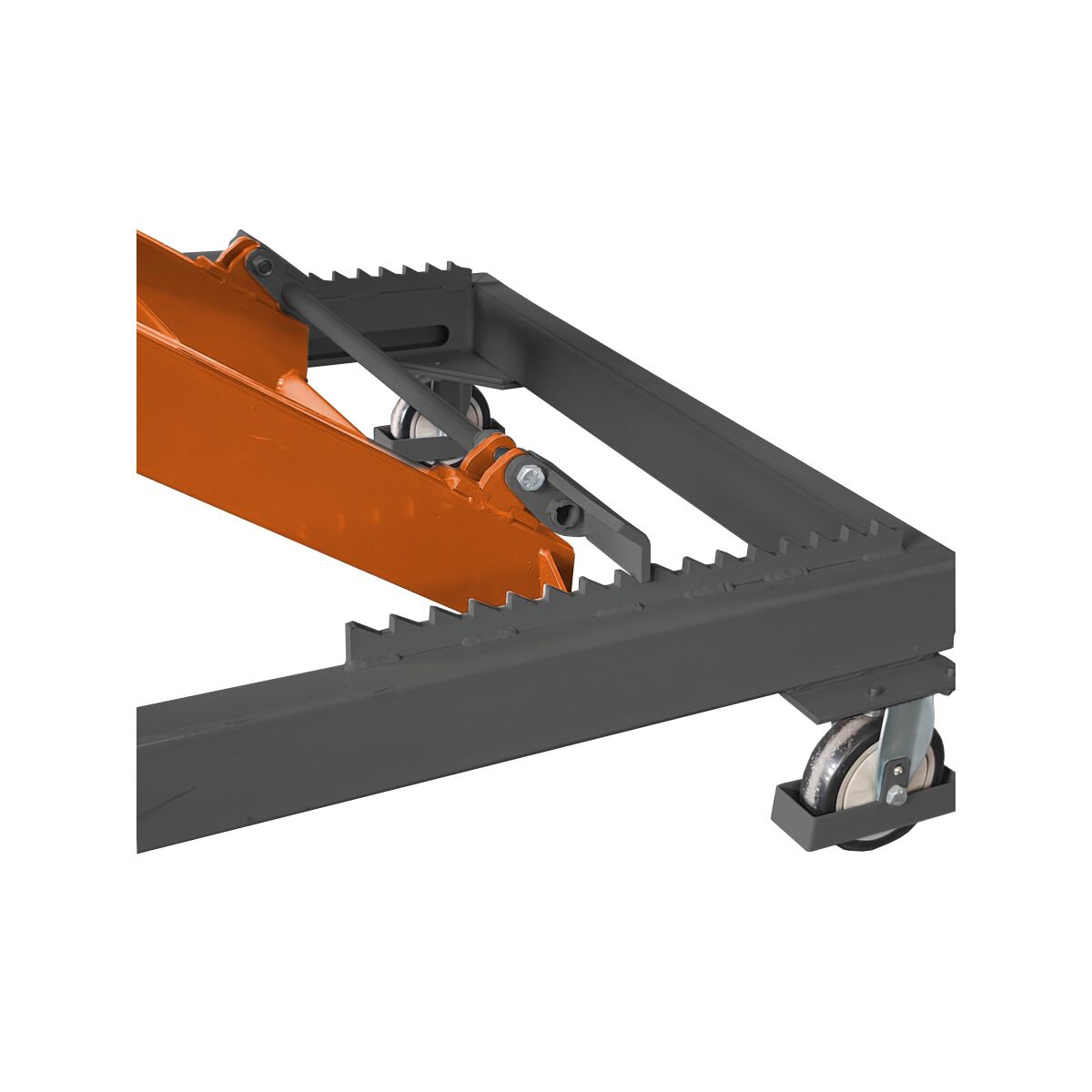 Detail: orange Scherenarm am schwarzen Rahmen, gezahnte Auflageleiste, Gestänge und Rolle, weißer Hintergrund.