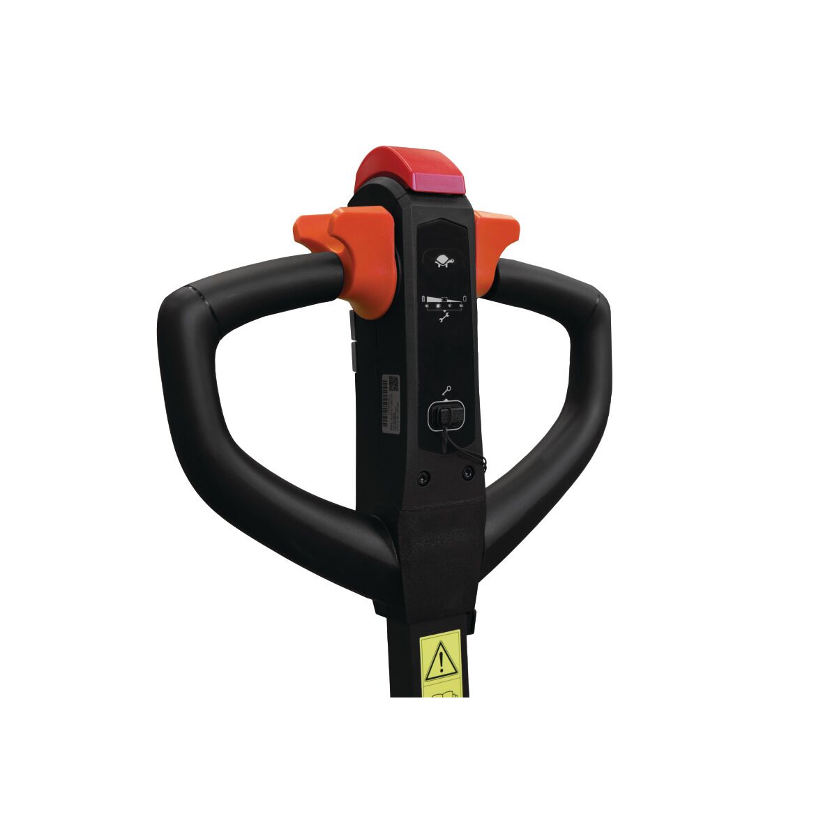 Nahaufnahme der Deichsel: schwarzer Griff mit orange Bedientasten und roter Taste oben, weißer Hintergrund.