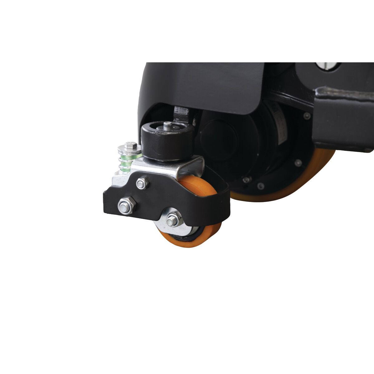 Detailansicht eines kleinen Rads mit Metallhalterung und Feder neben einem größeren Antriebsrad, weißer Hintergrund.