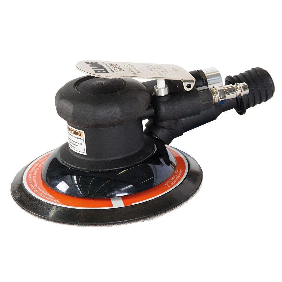 Druckluft-Exzenterschleifer, schwarz, mit rundem Schleifteller, Metallhebel und Schlauchanschluss für Absaugung.