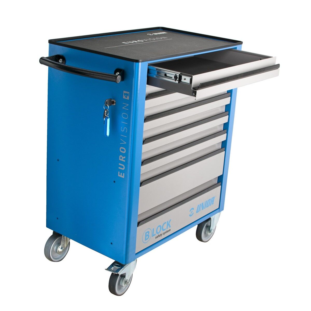 Blauer Werkstattwagen auf Rollen mit grauen Schubladen; oberste Schublade ausgezogen, Schloss mit Schlüssel an der Seite.