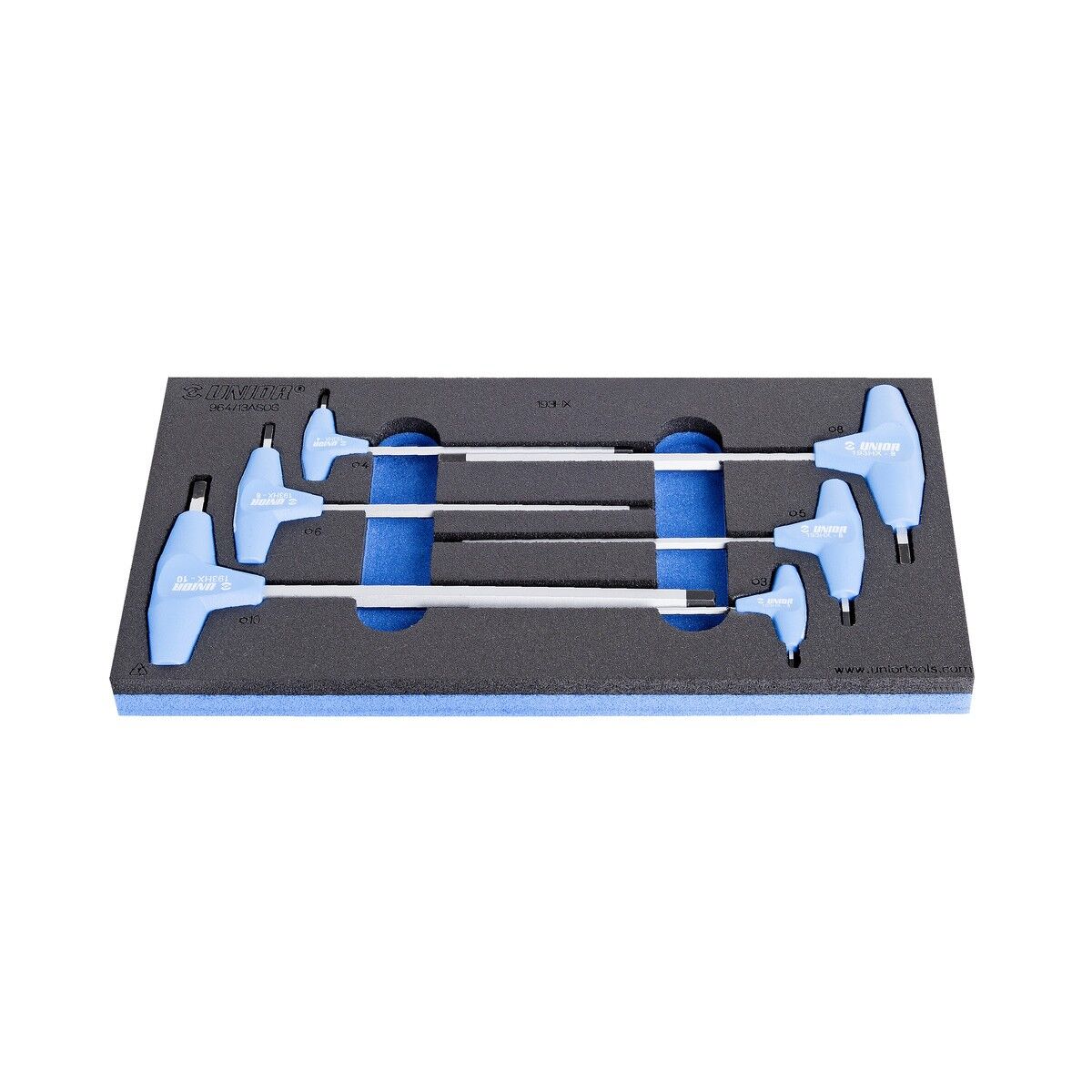 Schaumstoffeinlage mit fünf T-Griff-Inbusschlüsseln (kurz und lang), in verschiedenen Größen, waagrecht angeordnet.