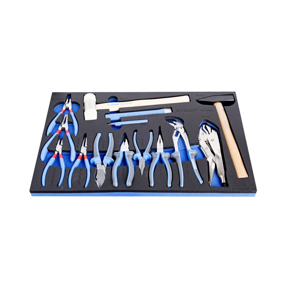 Schaumstoffeinlage mit Seegerring-, Seitenschneider-, Kombi-, Spitzzange und Wasserpumpenzange, Gripzange, Hammer, Schonhammer, 3 Durchschläge.