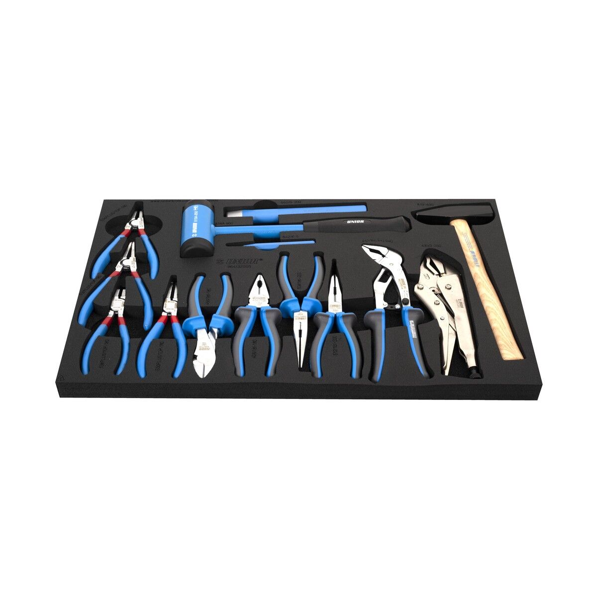 Schwarze Schaumeinlage mit 10 Zangen (Seegerring-, Seitenschneider, Kombi-, Spitzzange, Wasserpumpen-, Gripzange) sowie Schonhammer und Hammer.