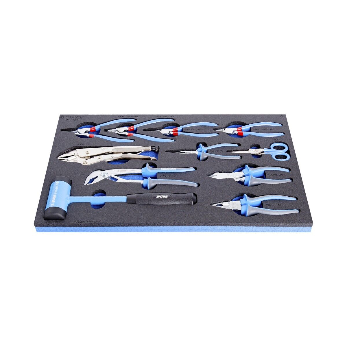 Schwarze Schaumeinlage mit 9 Zangen (u. a. Seegerring-, Kombi-, Spitzzange), Schere, Gripzange und Schonhammer, Griffe blau/grau.