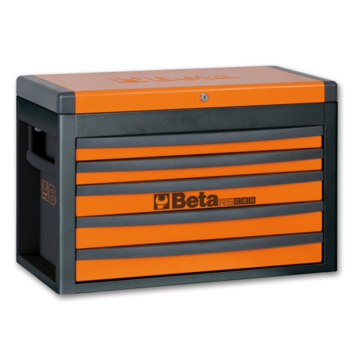 Orange-graue Werkzeug-Schubladenbox mit fünf Schubladen, Deckel mit Schloss und seitlichen Griffmulden.