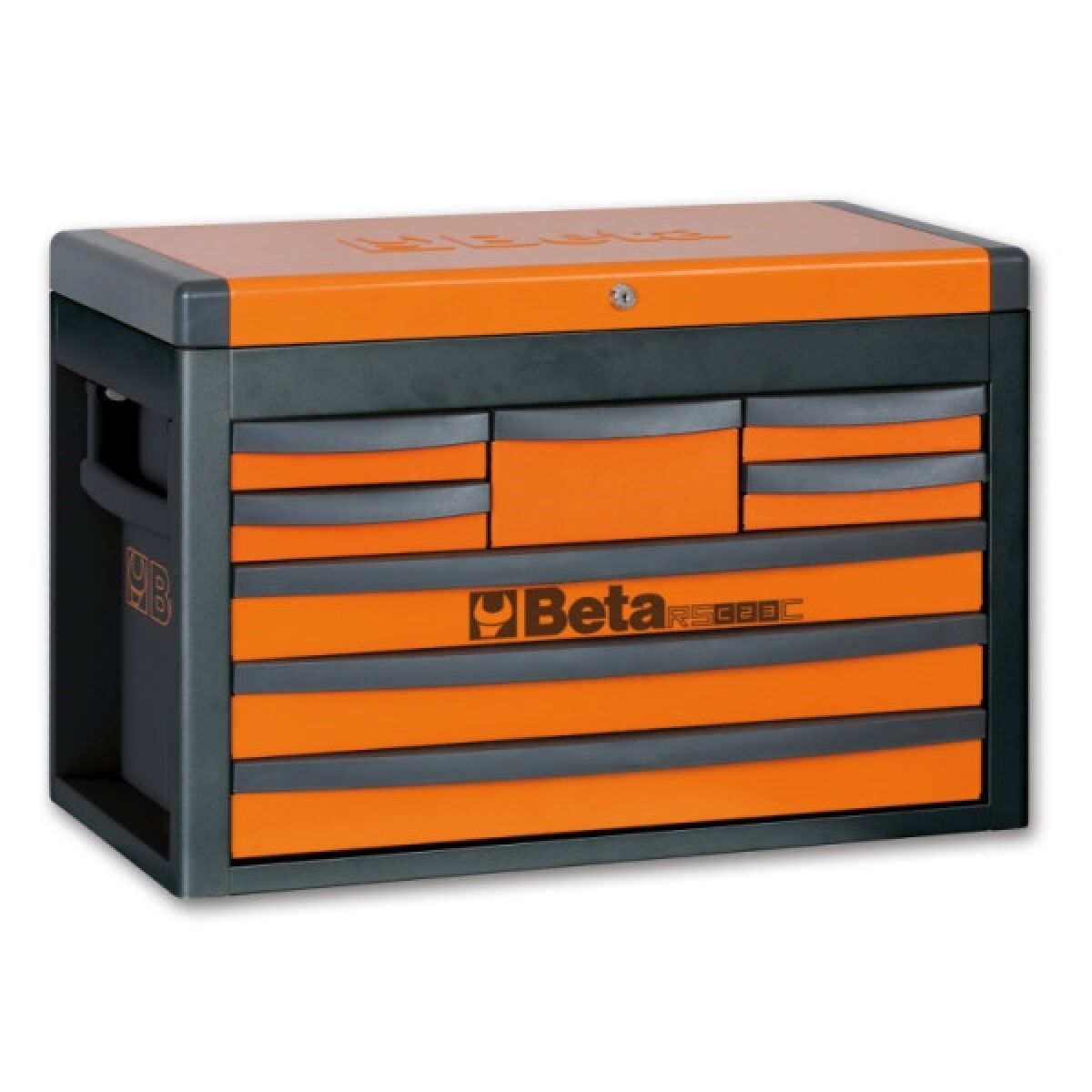 Orange-graue Werkzeug-Schubladenbox mit acht Schubladen, Deckel mit Schloss und seitlichen Griffmulden.