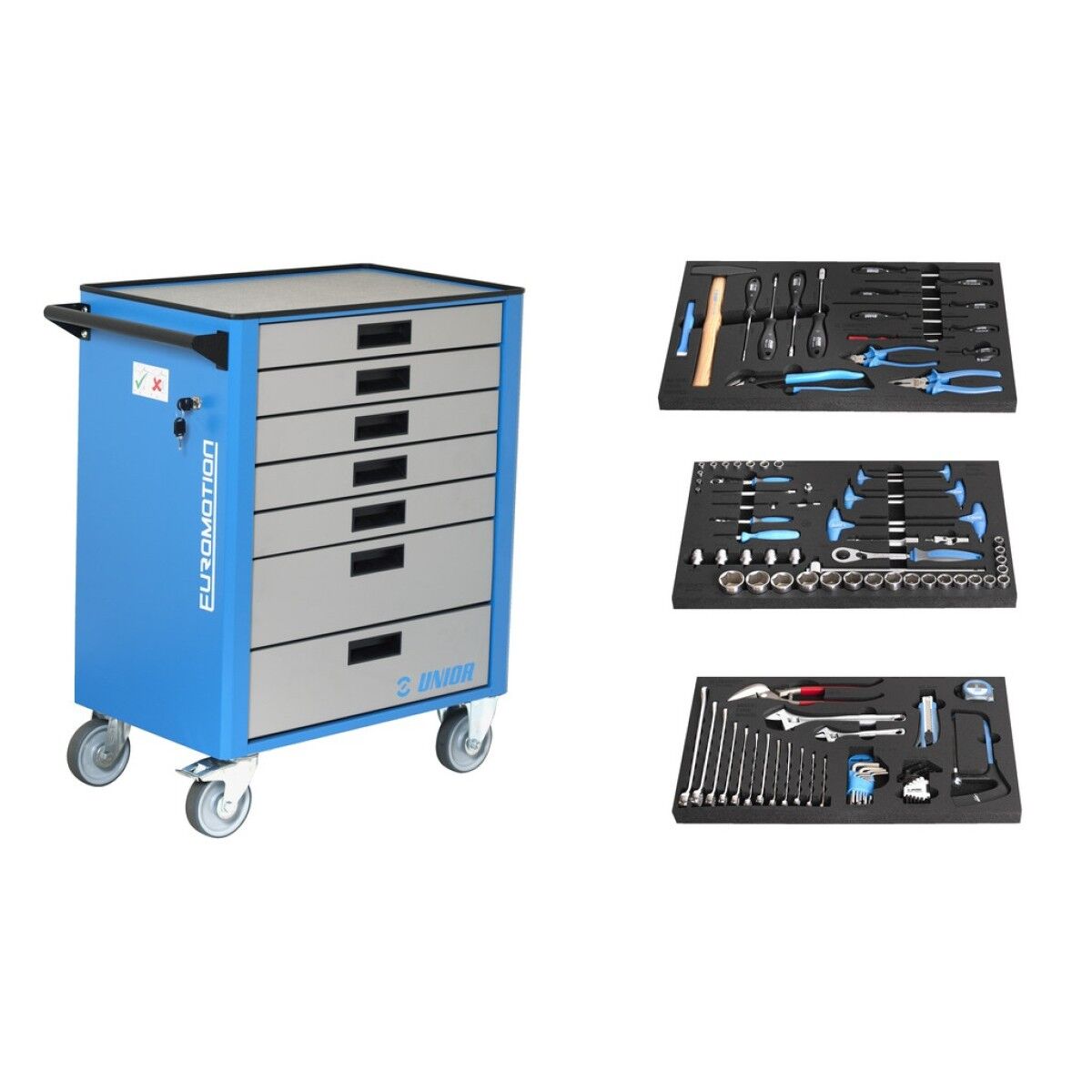 Werkzeugwagen mit 7 Schubladen auf Rollen; rechts daneben drei Schaumstoffeinlagen mit Werkzeugen.