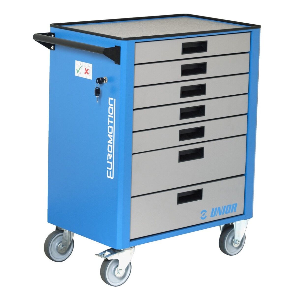 Blau-grauer Werkzeugwagen auf vier Rollen mit 7 Schubladen, Griff an der Seite und Ablage oben.