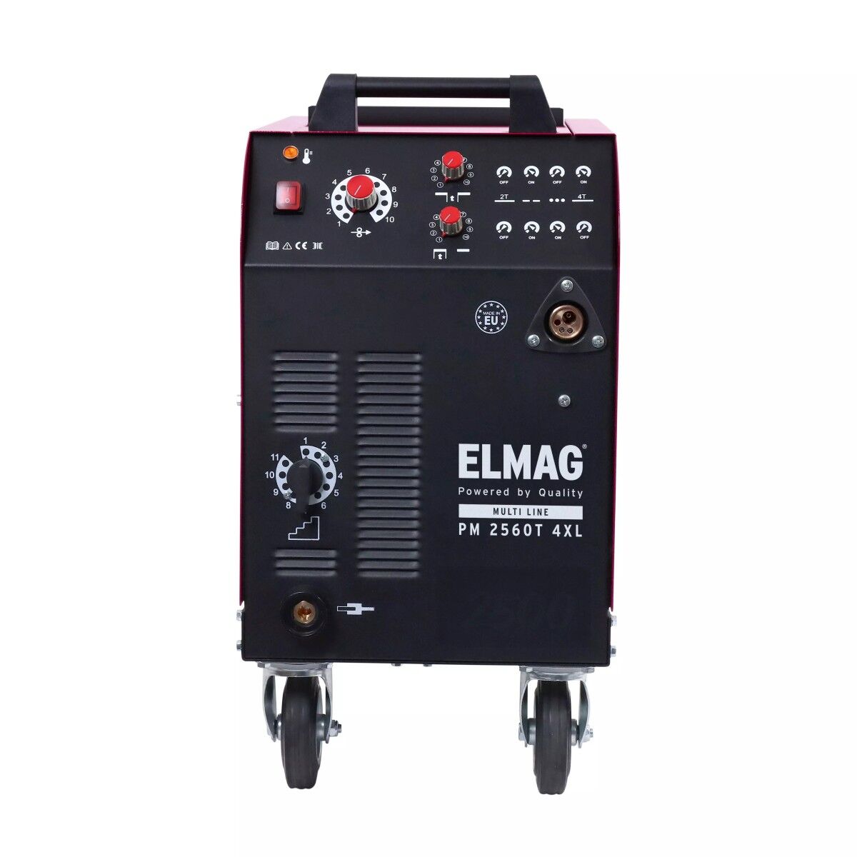 Frontansicht des Schweißgeräts mit Bedienfeld, Drehreglern, Lüftungsschlitzen und ELMAG-Aufdruck, auf Rollen.