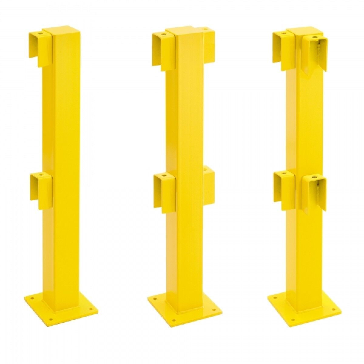 Drei gelbe Stahlpfosten mit Fußplatten nebeneinander, gezeigt in unterschiedlichen Ansichten, freigestellt vor weißem Hintergrund.
