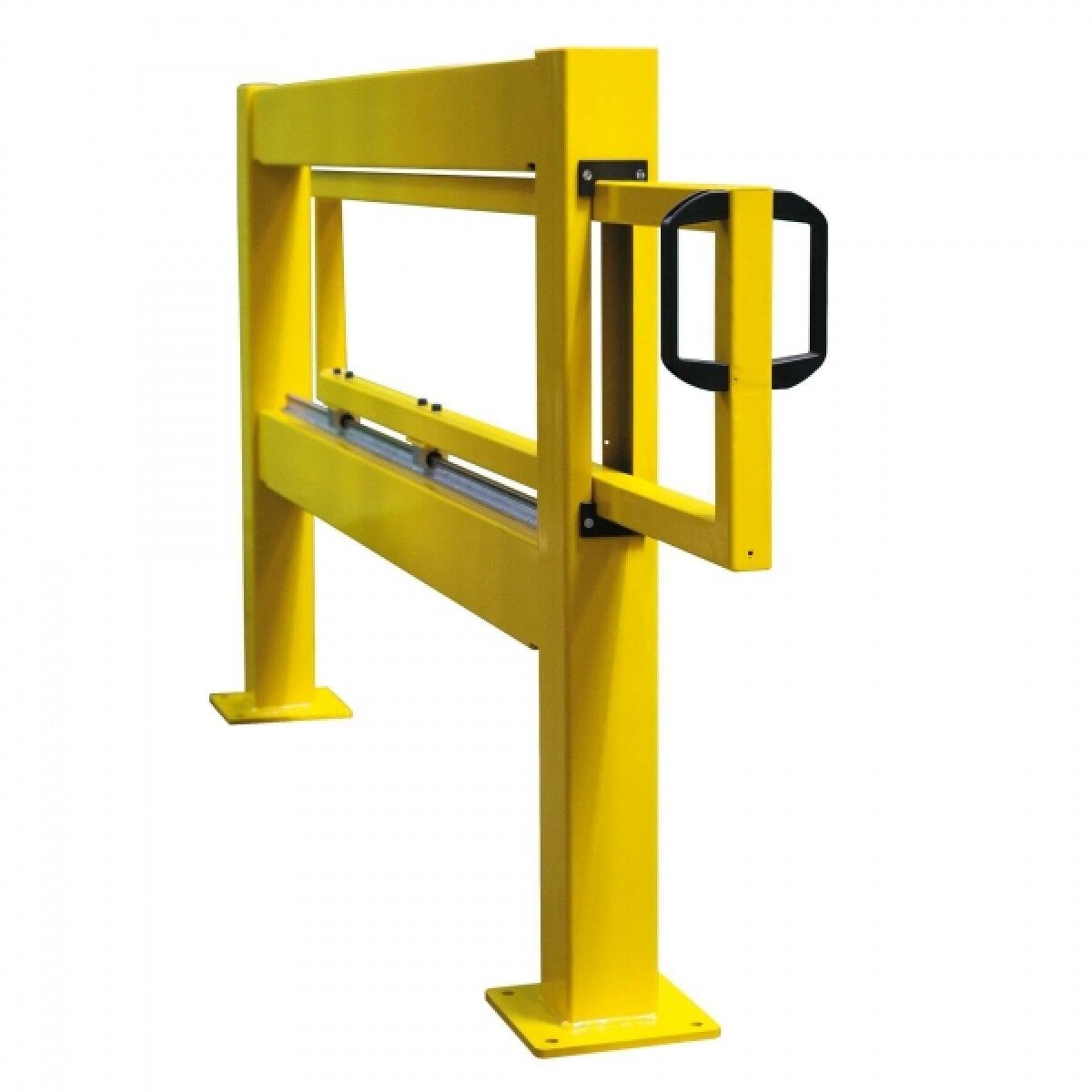 Gelbe Schiebeschutzbarriere auf weißem Hintergrund, perspektivische Ansicht mit zwei Standpfosten und schwarzem Handgriff.