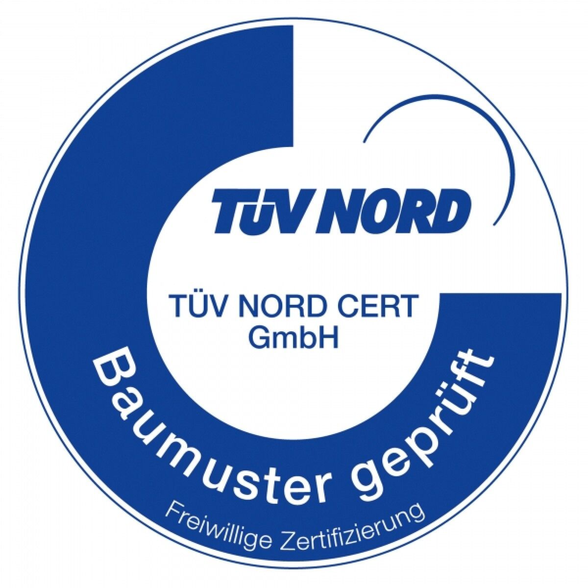 Rundes Siegel mit Text „TÜV NORD“, „TÜV NORD CERT GmbH“, „Baumuster geprüft“, „Freiwillige Zertifizierung“.