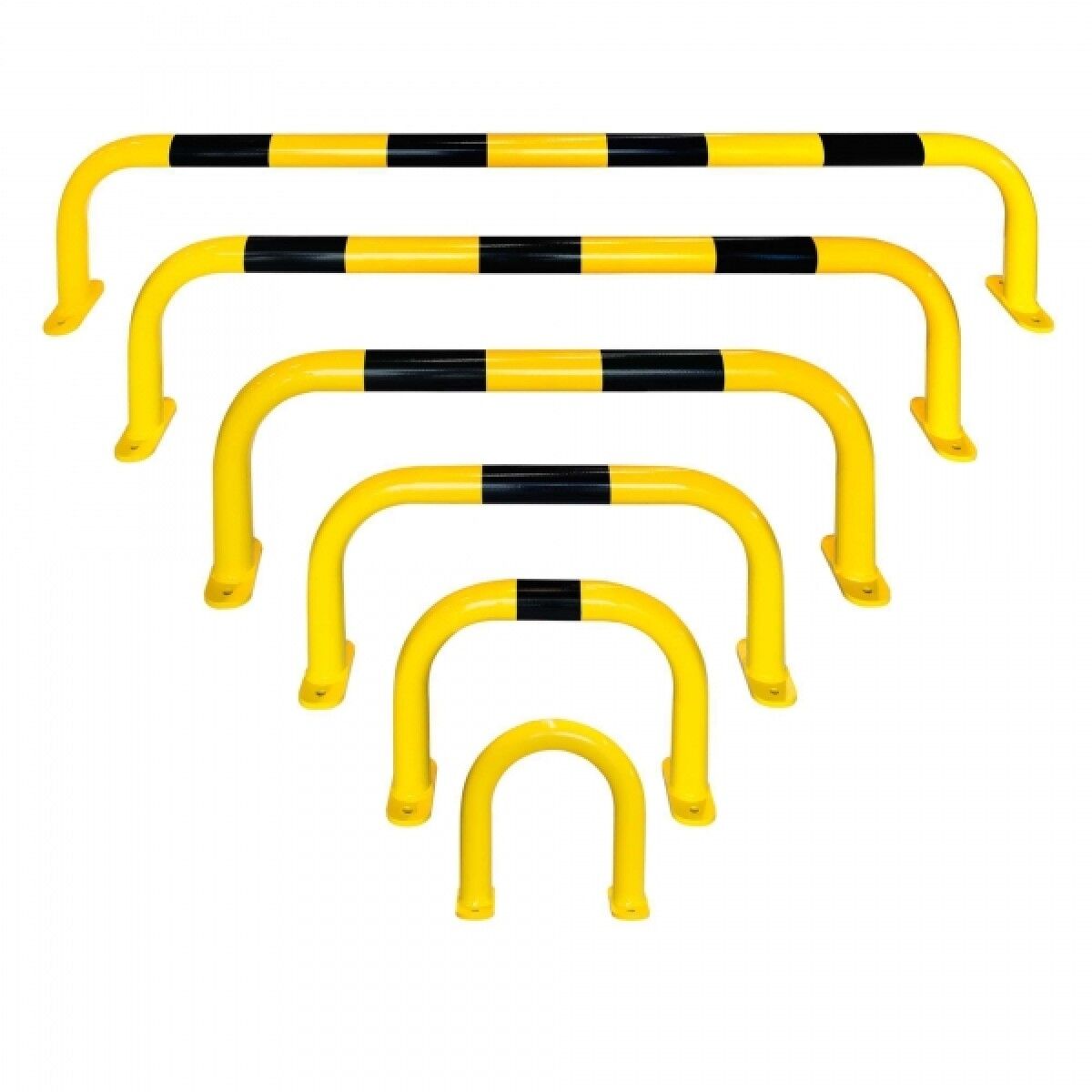 Sechs gelbe U-Schutzbügel in verschiedenen Breiten, jeweils mit schwarzen Warnstreifen, gestaffelt auf weißem Hintergrund.
