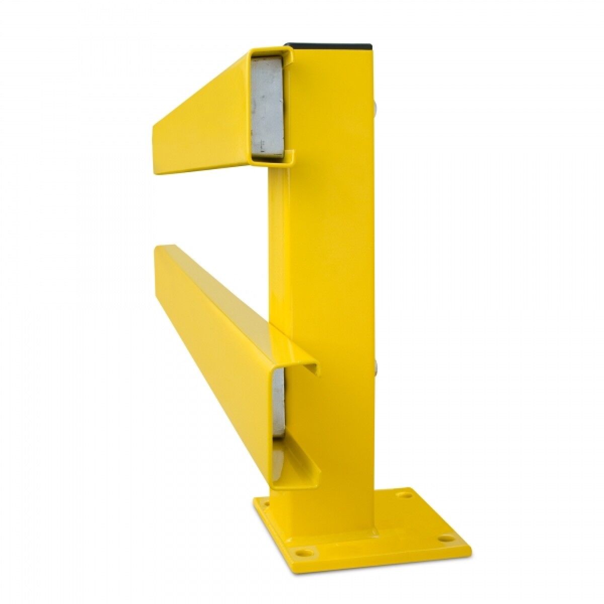 Seitliche Ansicht eines gelben Schutzpfostens mit Bodenplatte und zwei horizontalen Anfahrschienen.