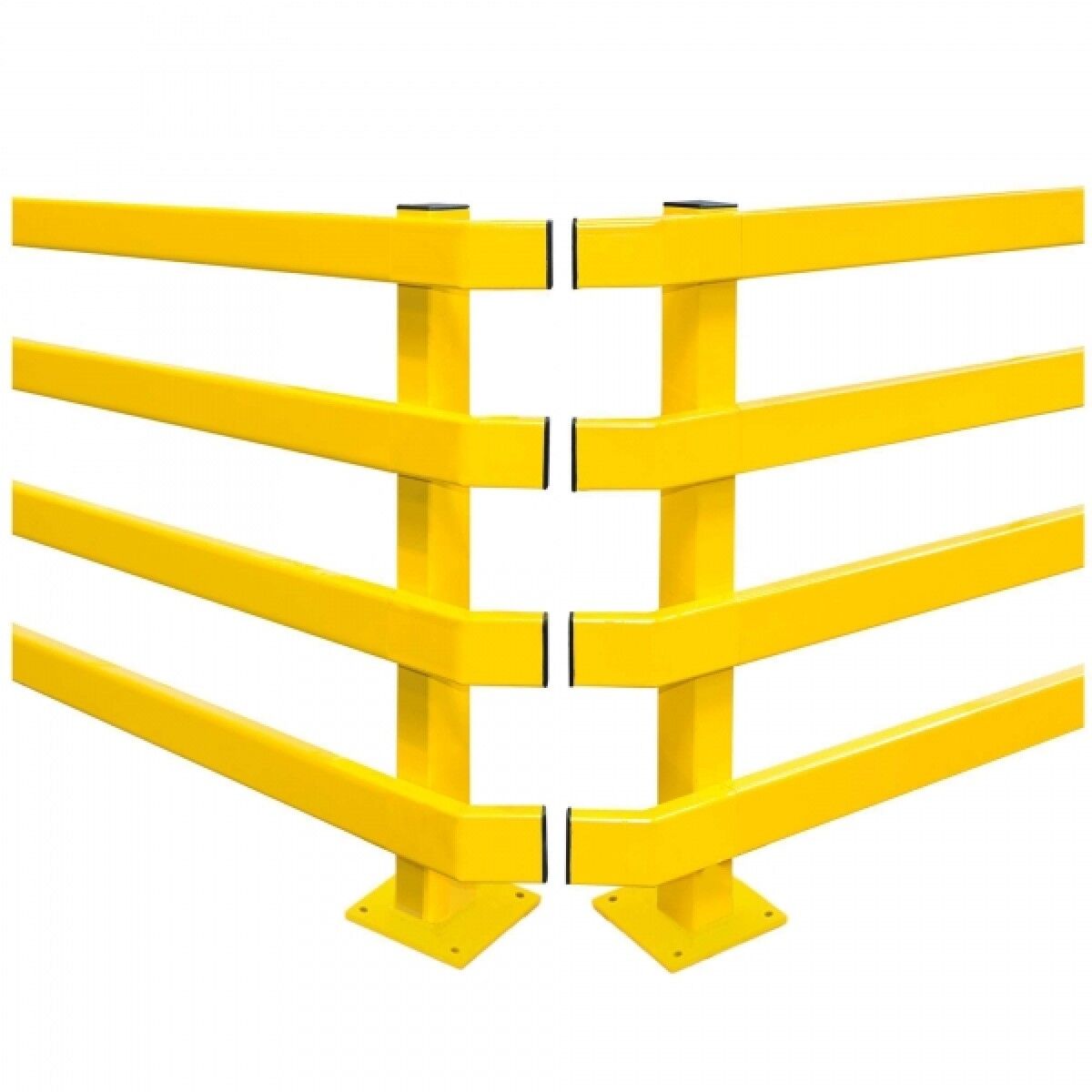 Nahaufnahme: Eckverbindung zweier gelber Pfosten mit vier Querholmen; kleine Fuge zwischen den Geländersegmenten.