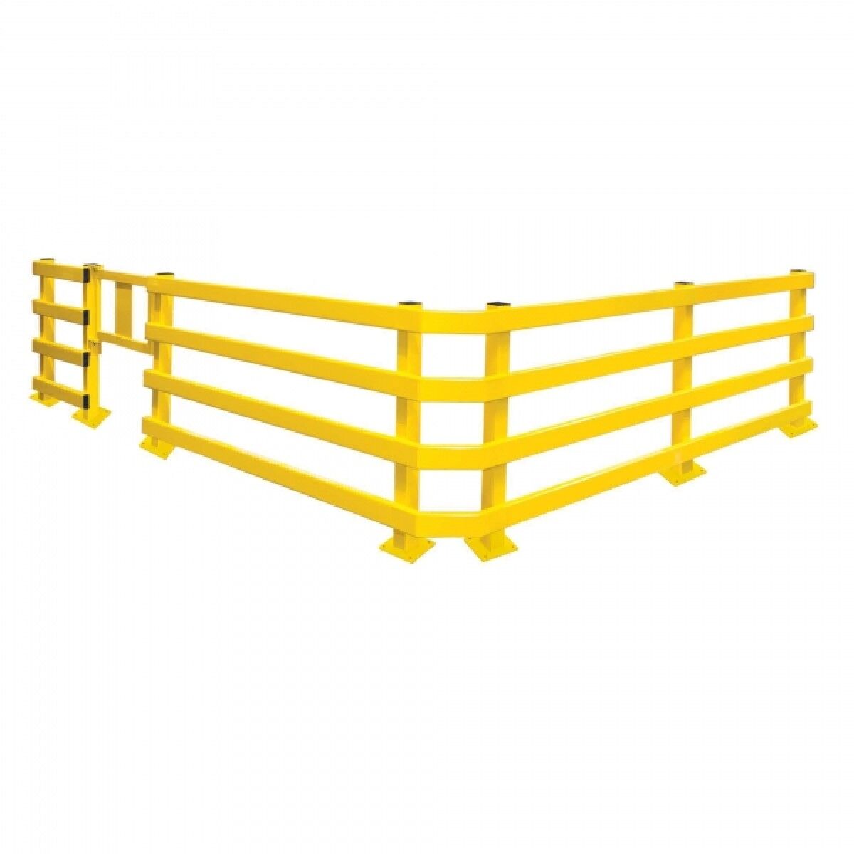 3D-Darstellung: gelbes L-förmiges Rammschutzgeländer mit drei Querholmen und mehreren Pfosten auf weißen Hintergrund.