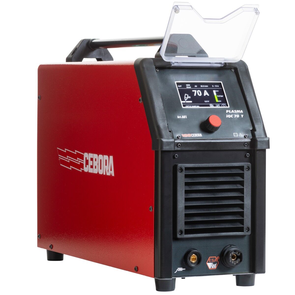 Rotes und schwarzes Plasmaschneidgerät mit Tragegriff, Display und Drehknopf vorn, großem Lüftungsgitter sowie Anschlussbuchsen unten.
