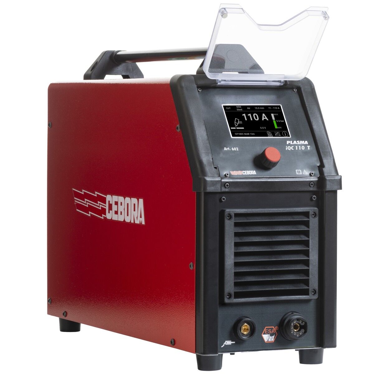Rotes und schwarzes Plasmaschneidgerät mit Tragegriff, Display und Drehknopf vorn, großem Lüftungsgitter sowie Anschlussbuchsen unten.