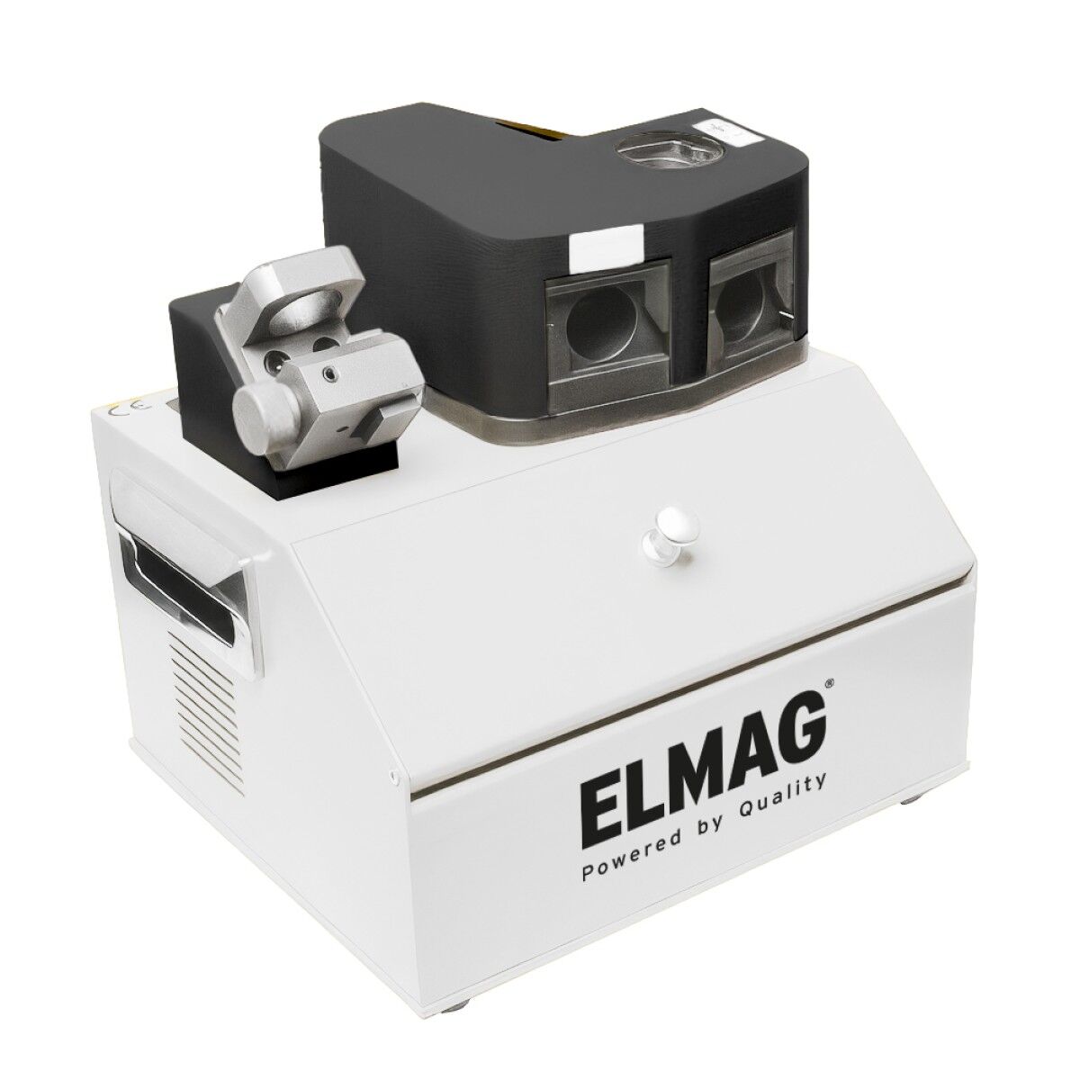 ELMAG-Schleifgerät mit geschlossenem Gehäuse, zwei frontseitigen Öffnungen und seitlicher Spannvorrichtung.