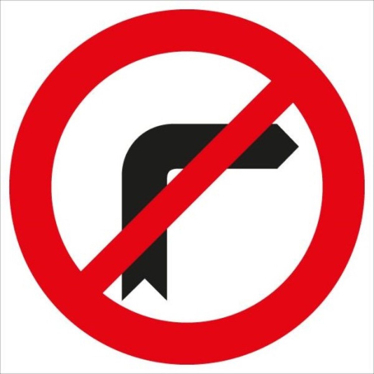 Rundes Verkehrszeichen mit rotem Rand und rotem Schrägbalken; schwarzer Pfeil zeigt nach rechts (Rechtsabbiegen).