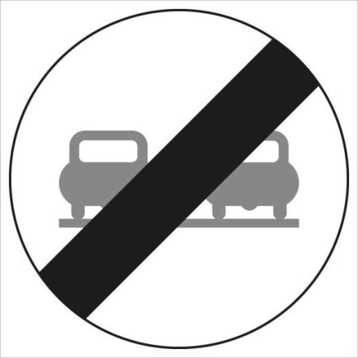 Verkehrszeichen: weißer Kreis mit schwarzem Rand und diagonalem schwarzem Balken über zwei grauen Pkw-Symbolen; Ende des Überholverbots.