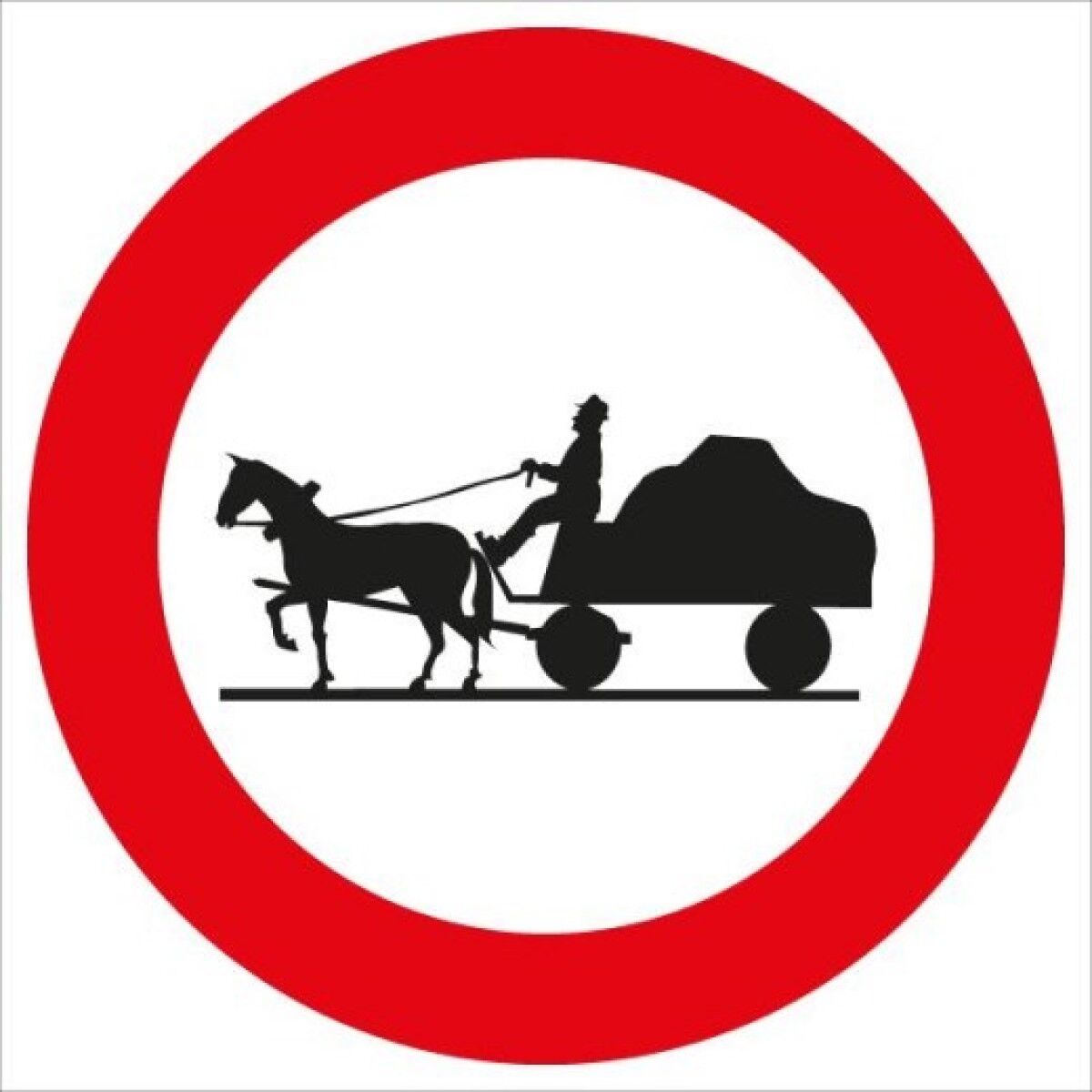 Rundes Verkehrszeichen mit rotem Rand; schwarze Silhouette eines Pferdegespanns mit Kutsche auf weißem Hintergrund.