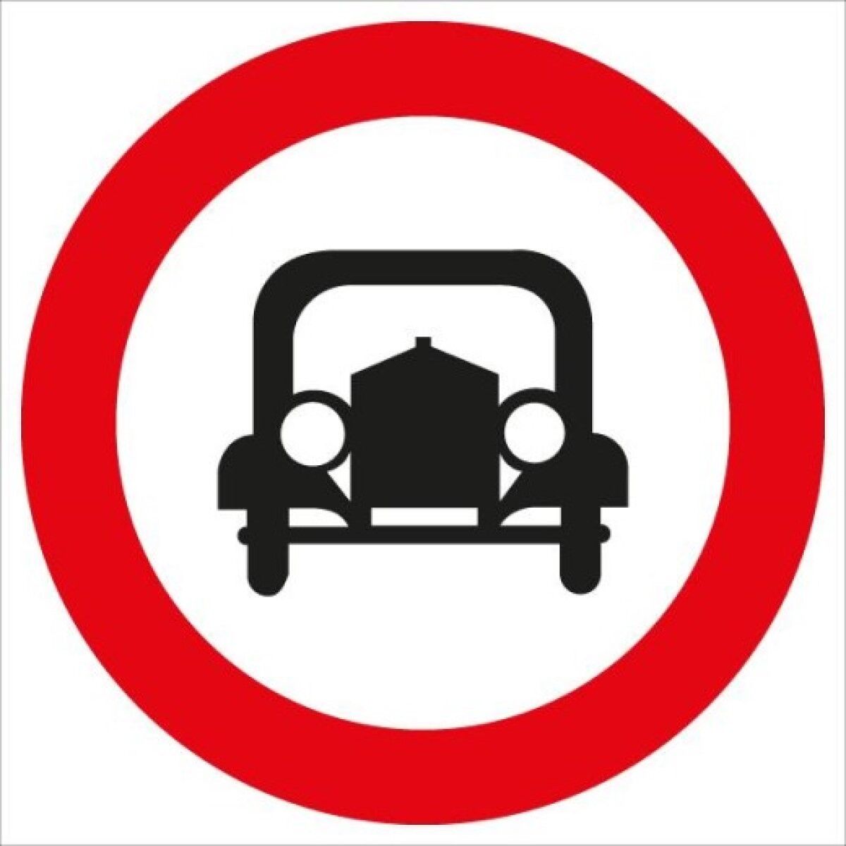 Rundes Verkehrszeichen mit rotem Rand; schwarze Silhouette eines Autos von vorn auf weißem Hintergrund.