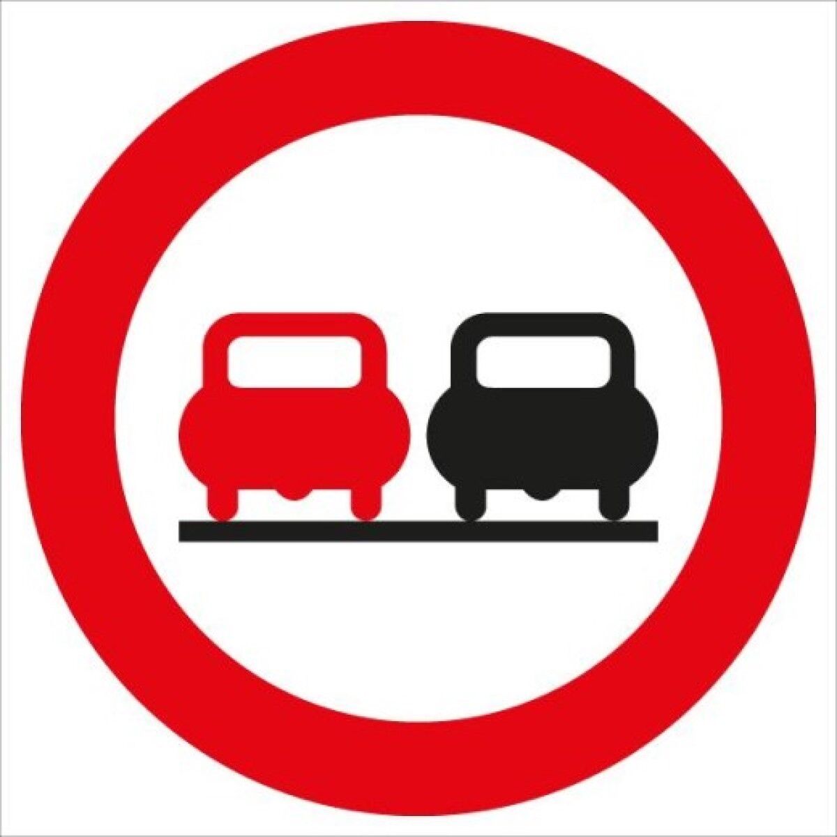 Verkehrszeichen: roter Kreis mit zwei Pkw-Symbolen (links rot, rechts schwarz); Überholverbot für Kraftfahrzeuge.