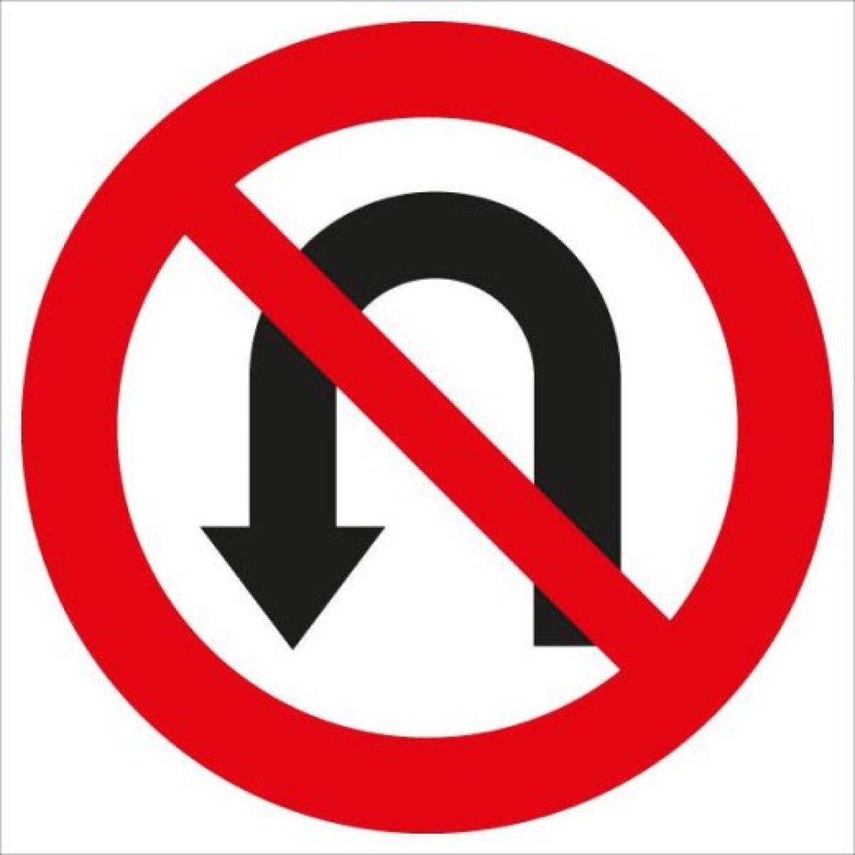 Rundes Verkehrszeichen mit rotem Rand und rotem Schrägbalken; schwarzer Pfeil zeigt eine U-Wende.