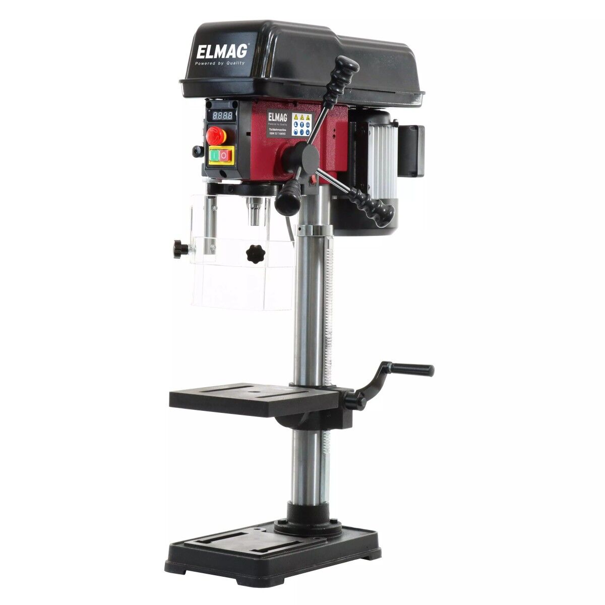 Ständerbohrmaschine mit schwarzer Haube, rotem Maschinenkopf, transparentem Bohrschutz, Säule, verstellbarem Tisch und Fuß.