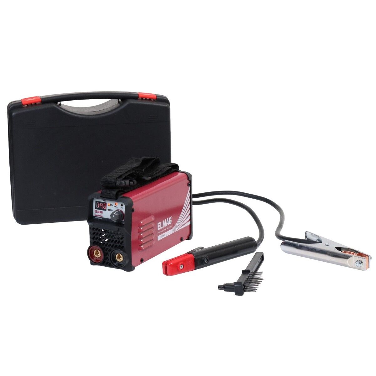 Inverter-Schweißgerät mit Digitalanzeige vor schwarzem Koffer; Kabel mit Elektrodenhalter, Masseklemme und Drahtbürste.