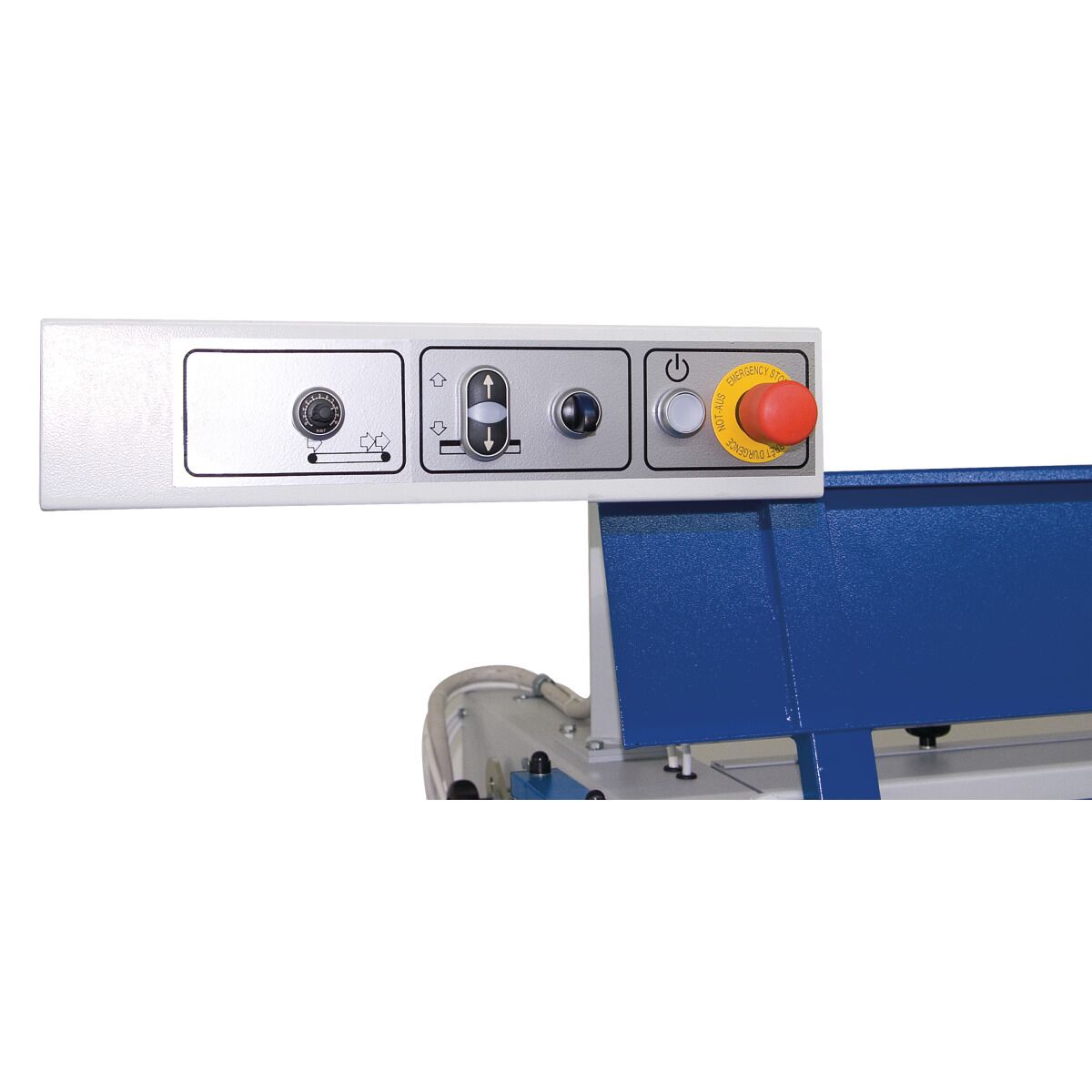 Bedienfeld mit Drehregler, Auf-Ab-Tasten, Starttaste und rotem Not-Aus an der Langbandschleifmaschine.