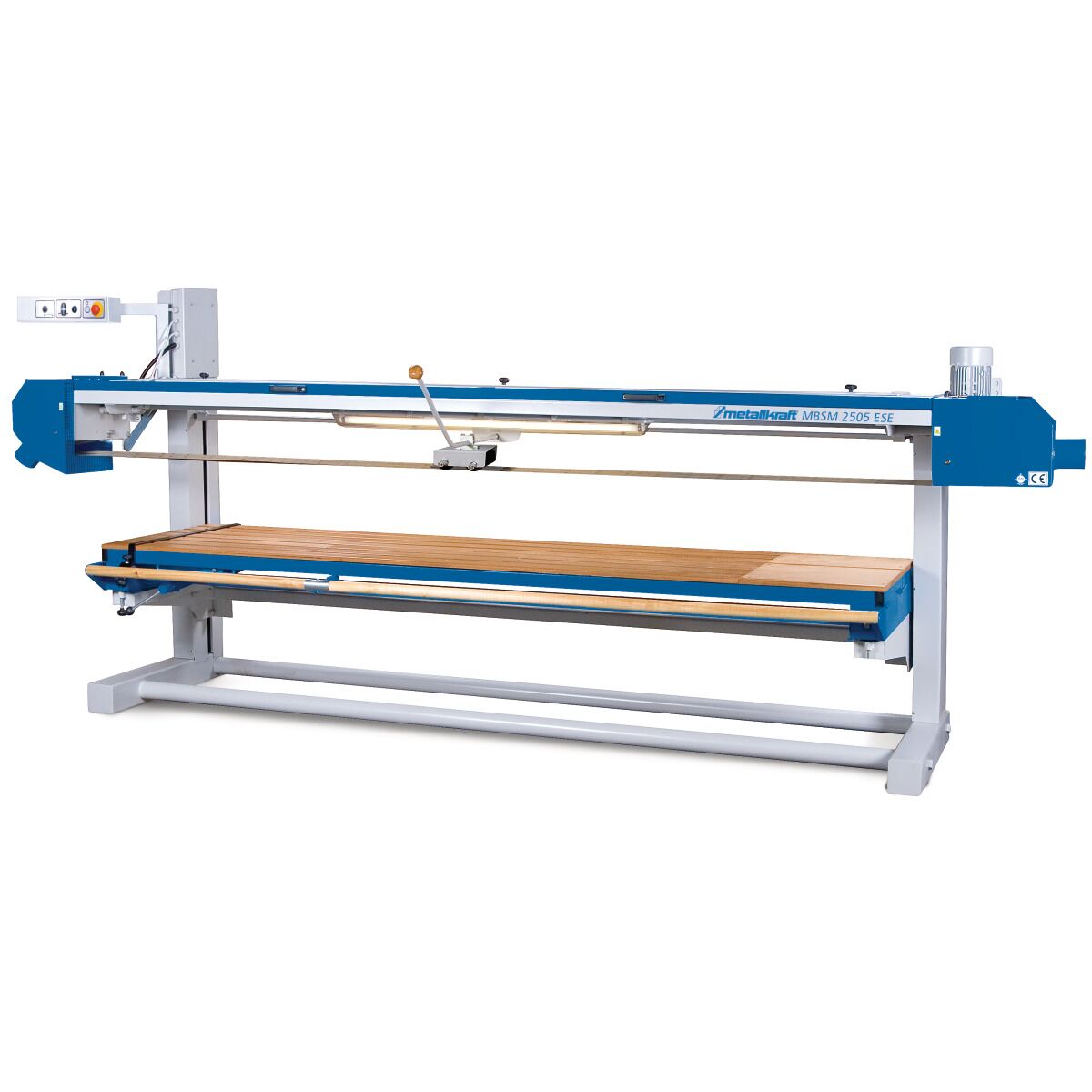 Langbandschleifmaschine mit blau-weißem Gestell, langem Schleifband, Holzauflage und Bedienarm in Frontansicht.