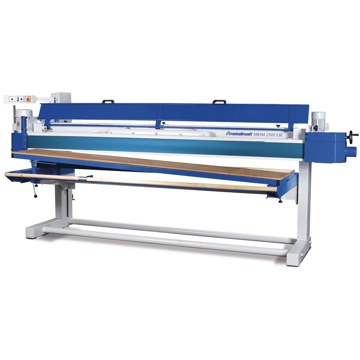 Langbandschleifmaschine in Rückansicht mit blauem Schutzgehäuse, langem Schleifband und Holzauflage.