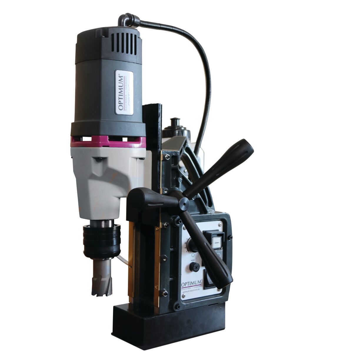 Magnet-Kernbohrmaschine OPTIMUM mit eingesetztem Kernbohrer, Seitenansicht links
