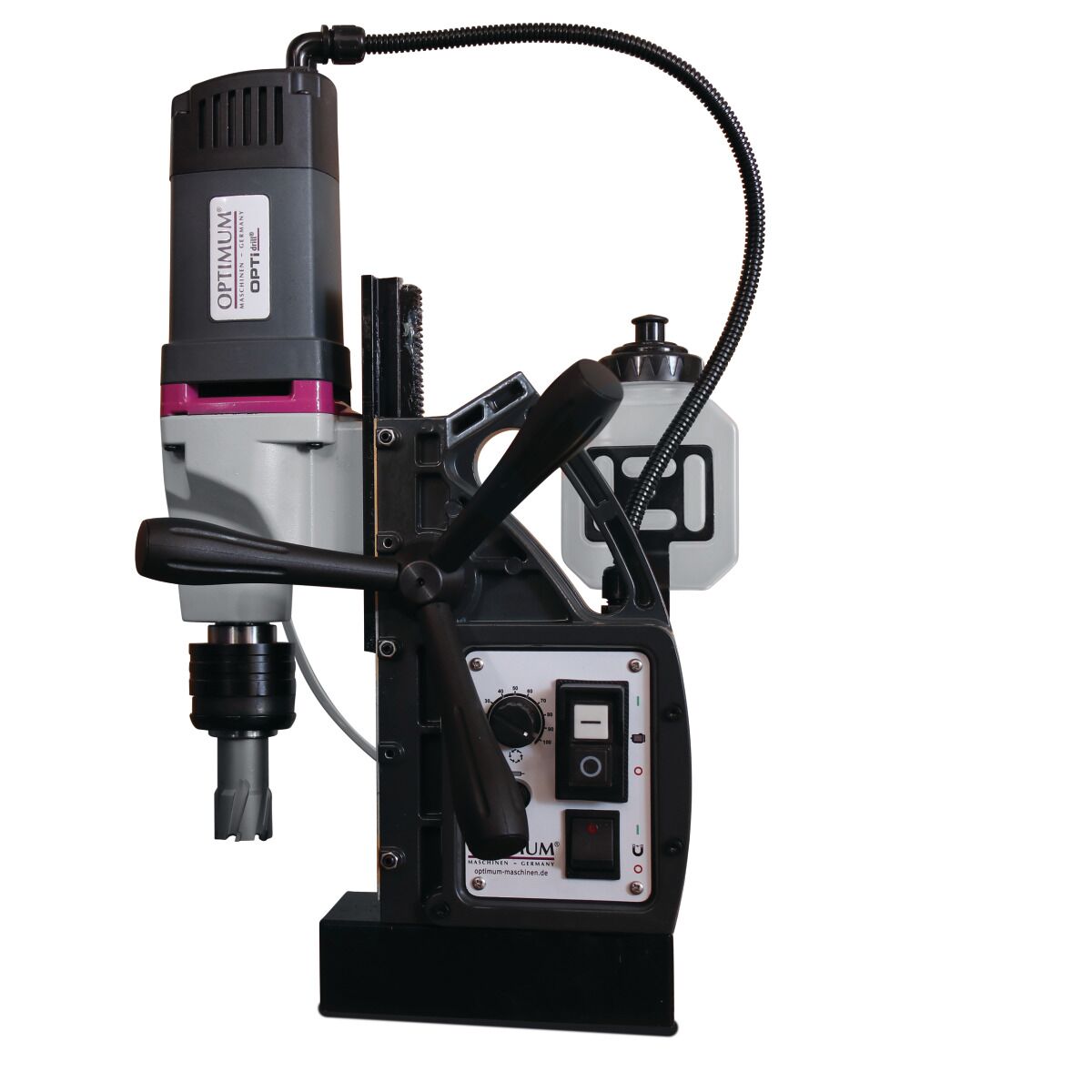 Magnet-Kernbohrmaschine OPTIMUM mit Fräswerkzeug, Frontansicht auf hellem Hintergrund
