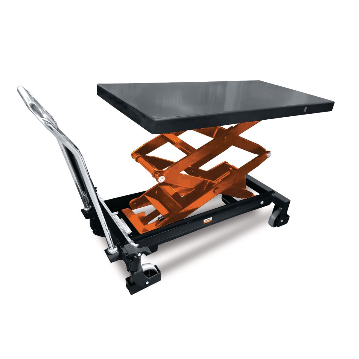 Mobiler Hubtisch mit schwarzer Plattform, orangefarbenem Scherenhubgestell, Metallgriff und Rollen.