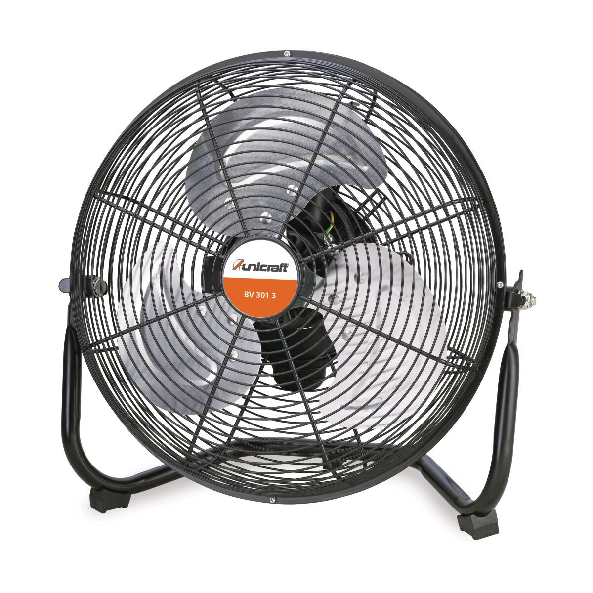 Schwarzer Bodenventilator Unicraft BV 301-3 mit Schutzgitter, drei silbernen Flügeln und schwarzem Standgestell.