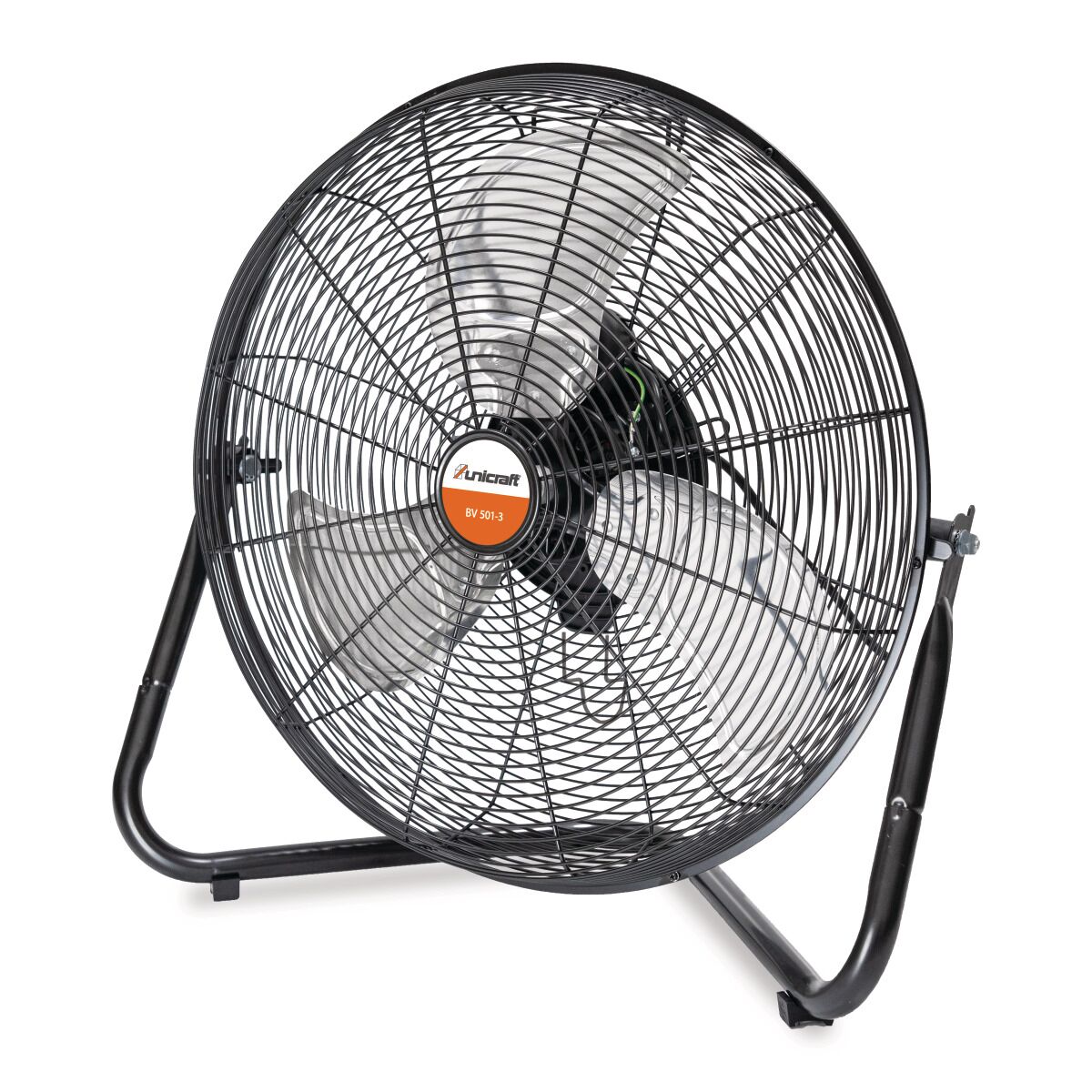 Schwarzer Bodenventilator Unicraft BV 501-3 mit Schutzgitter, drei silbernen Flügeln und schwarzem Standgestell.