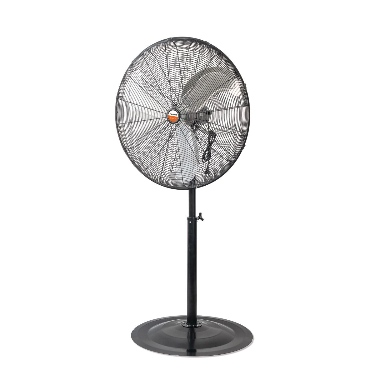 Schwarzer Standventilator mit rundem Schutzgitter, drei Flügeln, Standrohr und flachem Rundfuß.