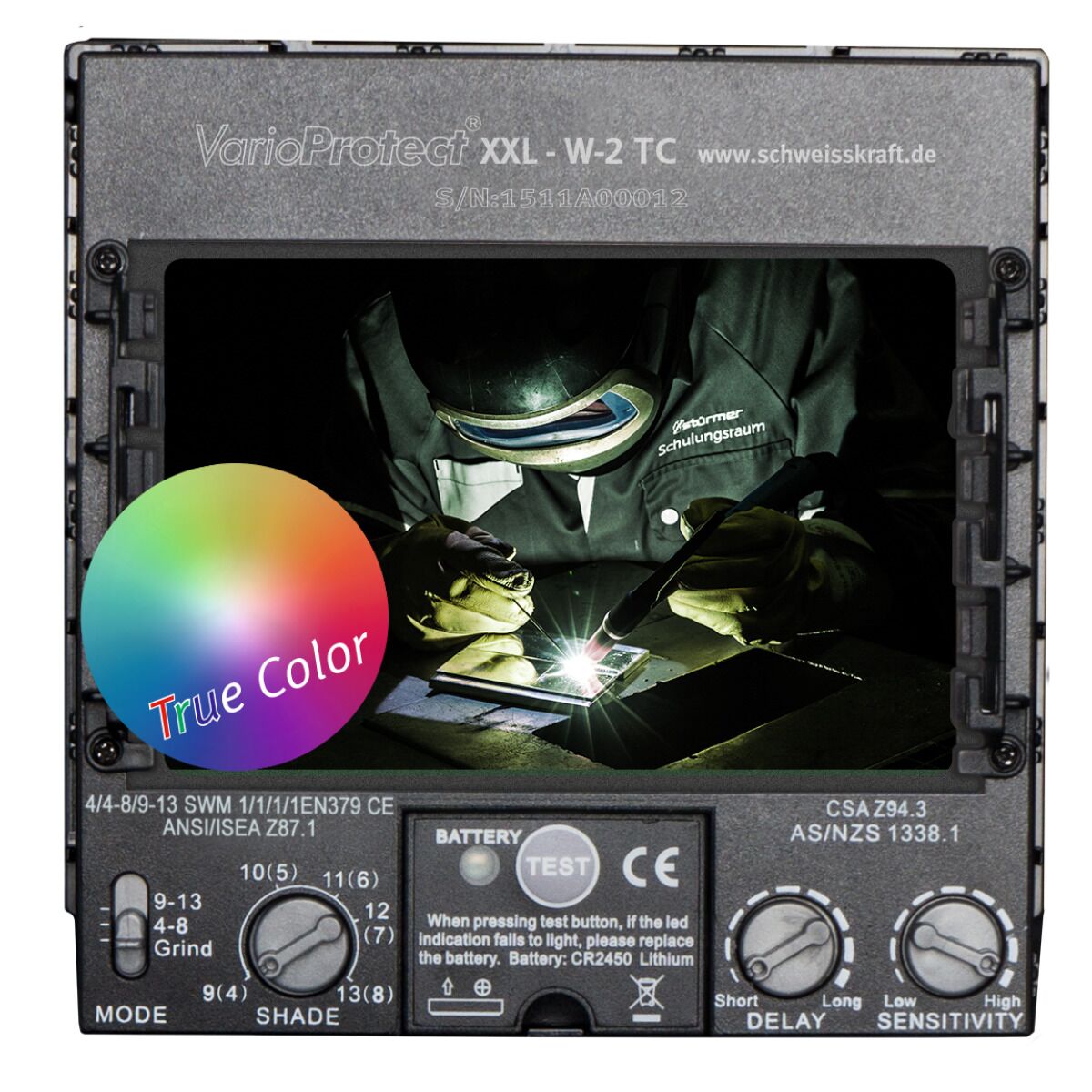 Nahaufnahme eines Automatik-Schweißfilters mit Sichtfenster, Reglern und „True Color“-Hinweis.