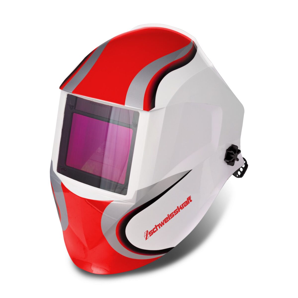 Weiß-roter Schweißhelm mit getöntem Sichtfenster und seitlichem Einstellrad.