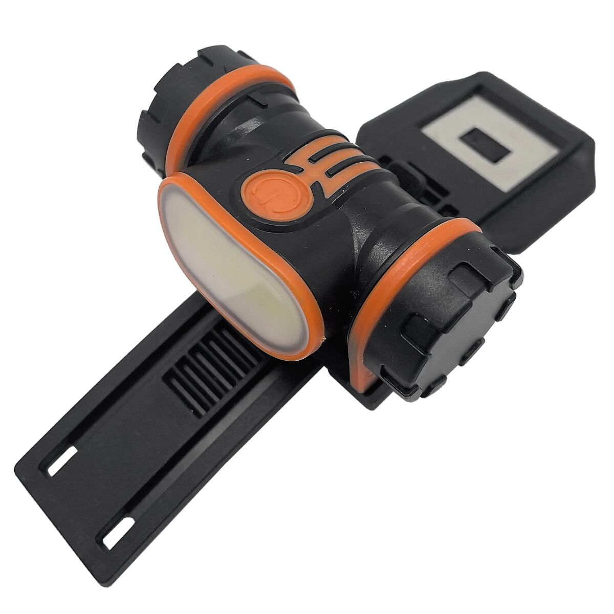 Schwarze und orange Helmlampe mit Befestigungsclip und rechteckiger Leuchtfläche.