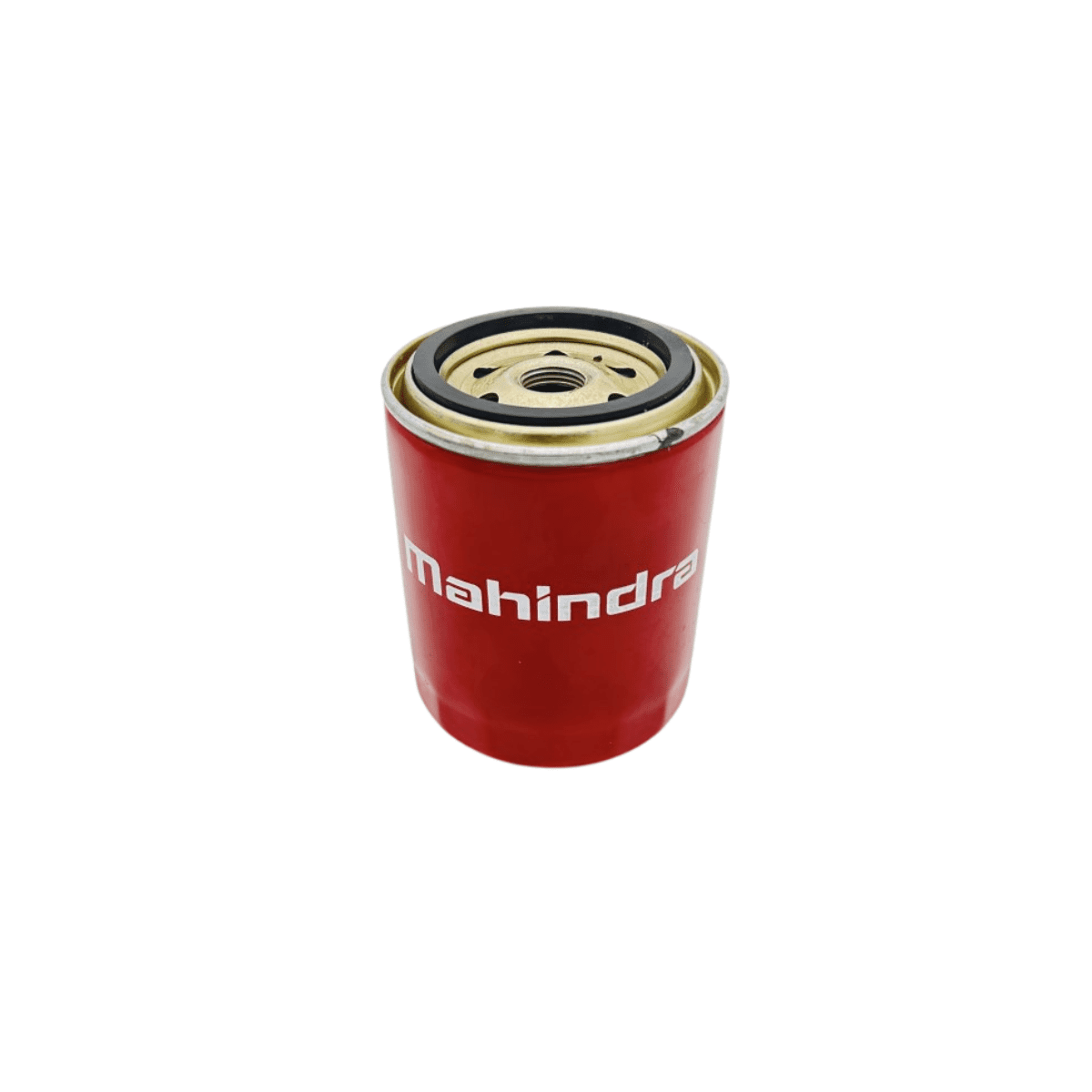 Roter zylindrischer Mahindra-Schraubfilter mit Gewindeöffnung, Dichtungsring und mehreren Einlassbohrungen.