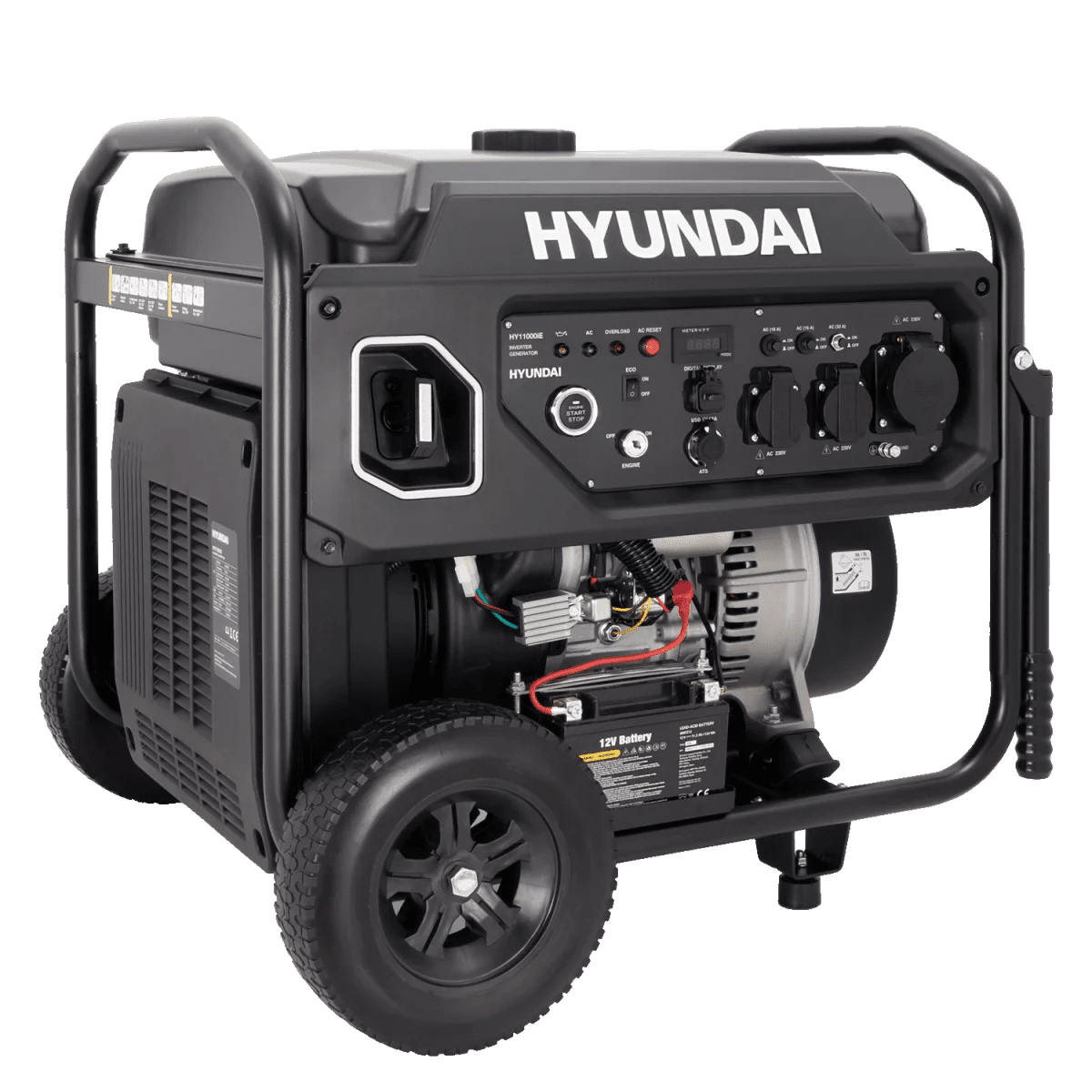 Hyundai Inverter-Stromerzeuger HY11000IE im schwarzen Stahlrahmen mit Rädern, Bedienfeld, Motor und sichtbarer 12-Volt-Batterie.