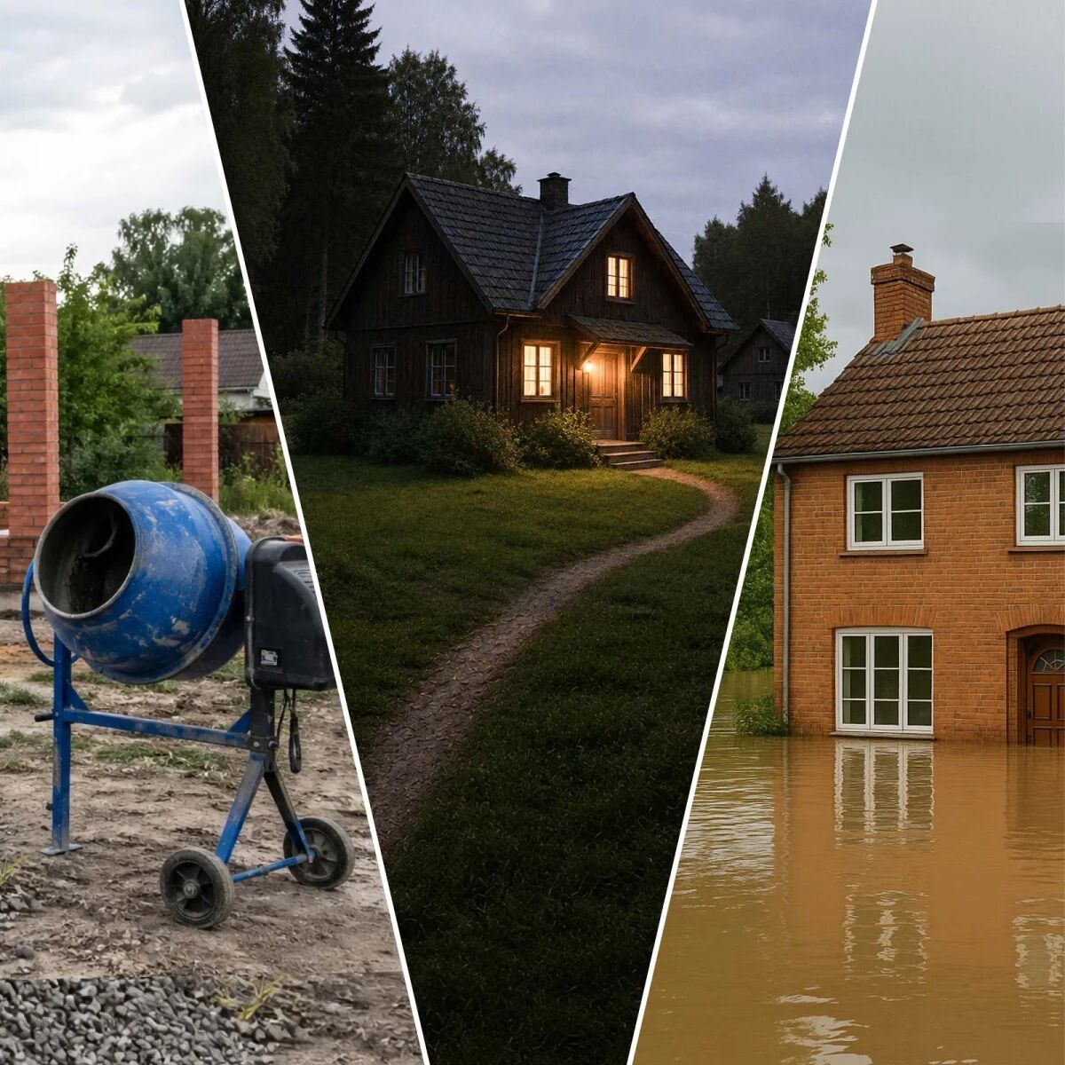 Dreigeteilte Collage mit Betonmischer auf einer Baustelle, beleuchtetem Haus bei Nacht und überflutetem Wohnhaus.