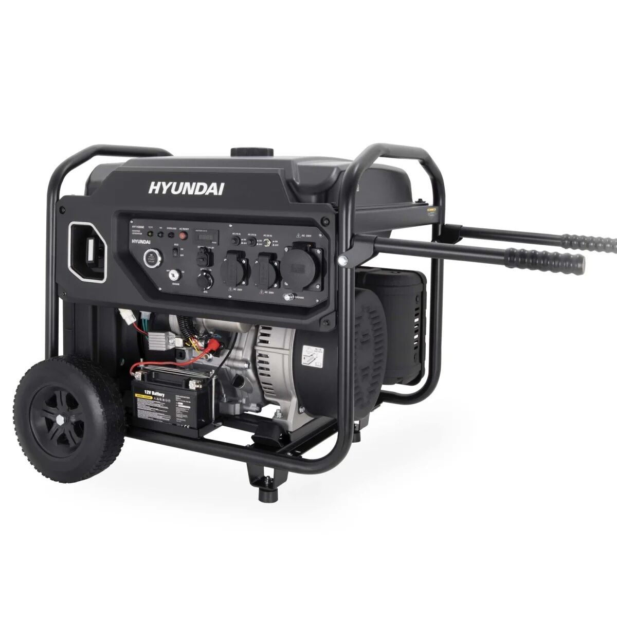 Hyundai Generator mit ausgeklappten Transportgriffen, Bedienfeld, sichtbarem Motor, Batterie und zwei großen Rädern.