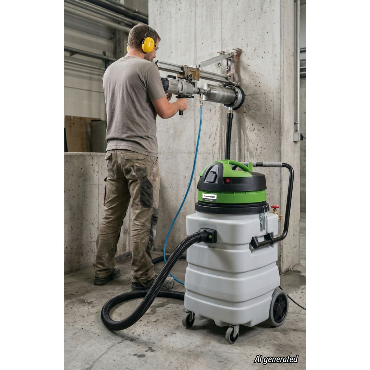 Mann arbeitet mit einer Kernbohrmaschine an einer Wand; daneben steht ein Sauger mit angeschlossenem Saugschlauch.
